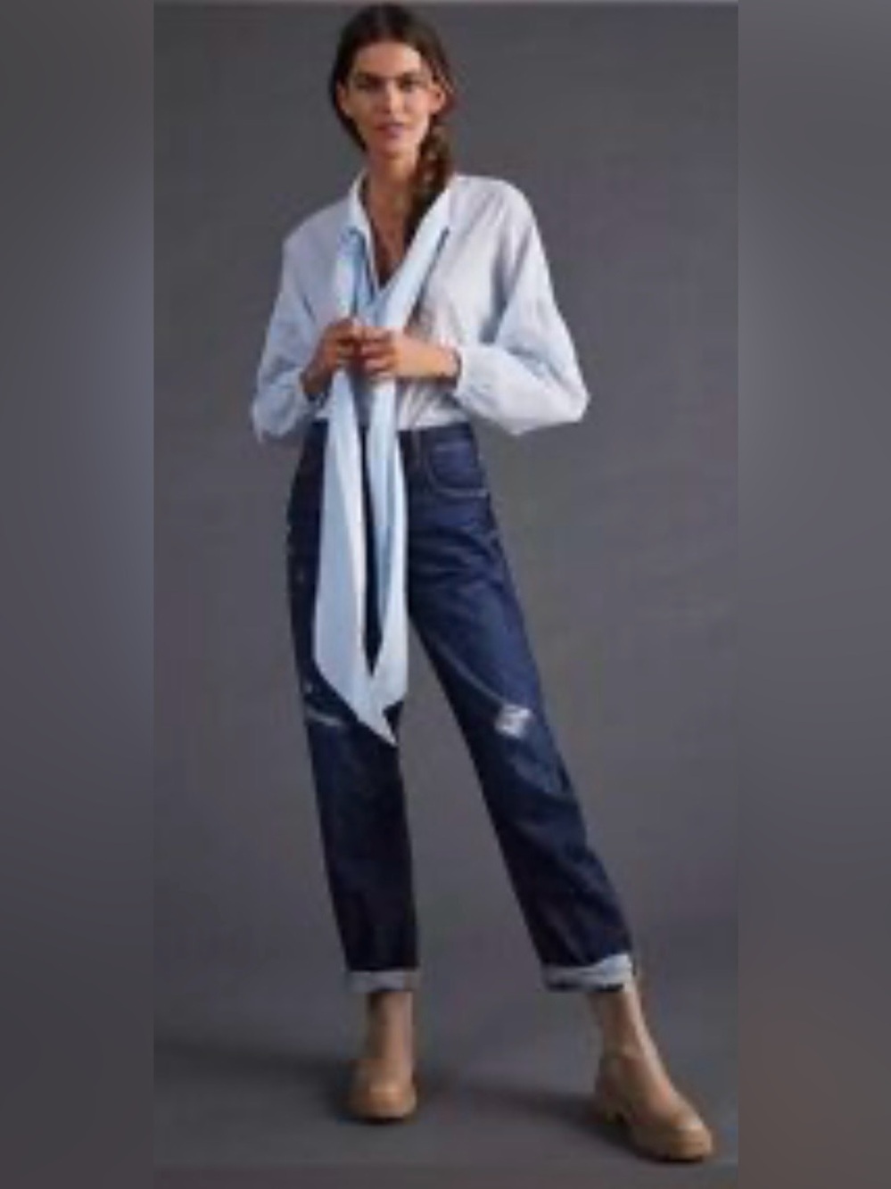 Anthropologie Pilcro The Bow Boyfriend Dark Wash Distressed Barrel Jeans Size 26